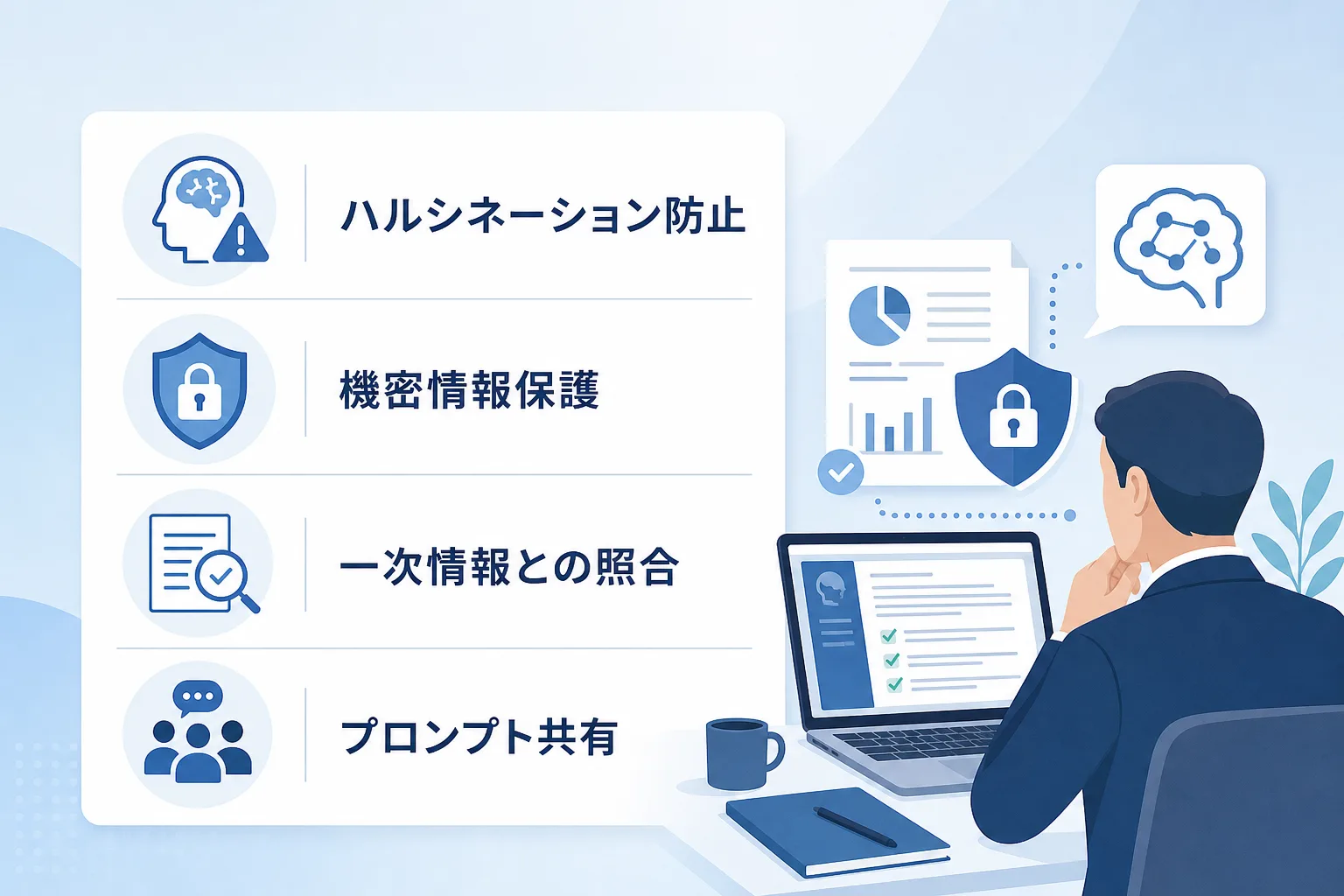 データの事実確認やセキュリティ規程の遵守など、営業資料AIの運用で守るべき注意点をアイコン付きで並べたリスト図解