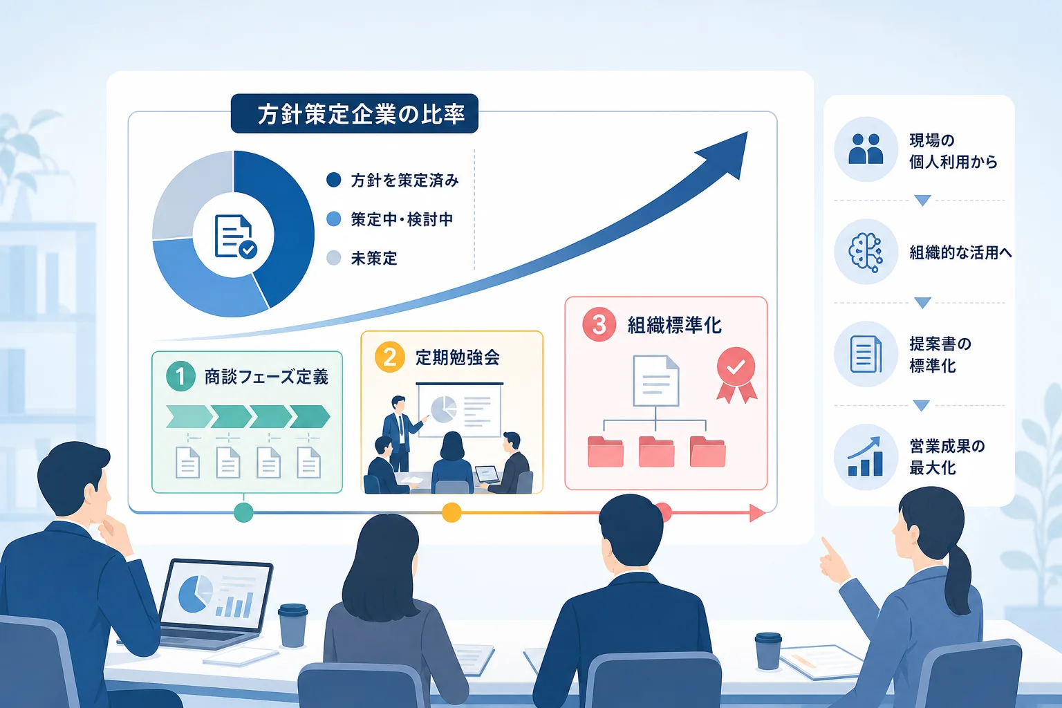生成AIの活用方針を定める企業の割合データと、商談準備フローへAIを組み込む組織定着プロセスを示したチャート