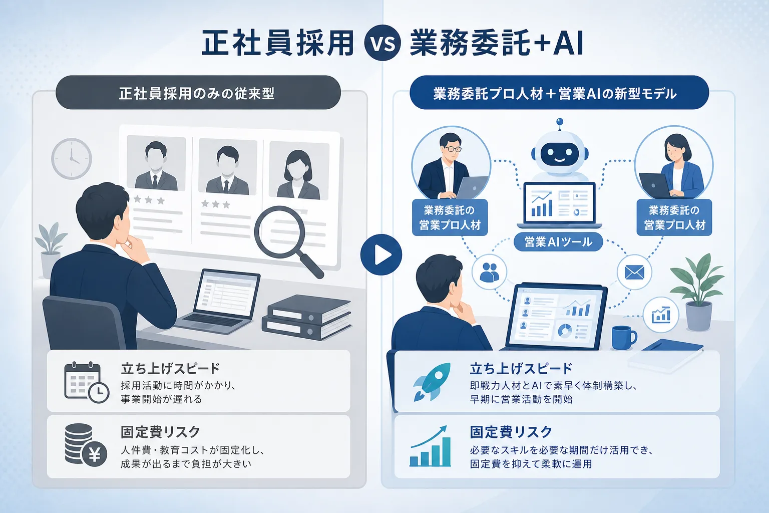 正社員採用と業務委託プロ人材およびAI活用の立ち上げ期間やコストを対比した比較表のイラスト