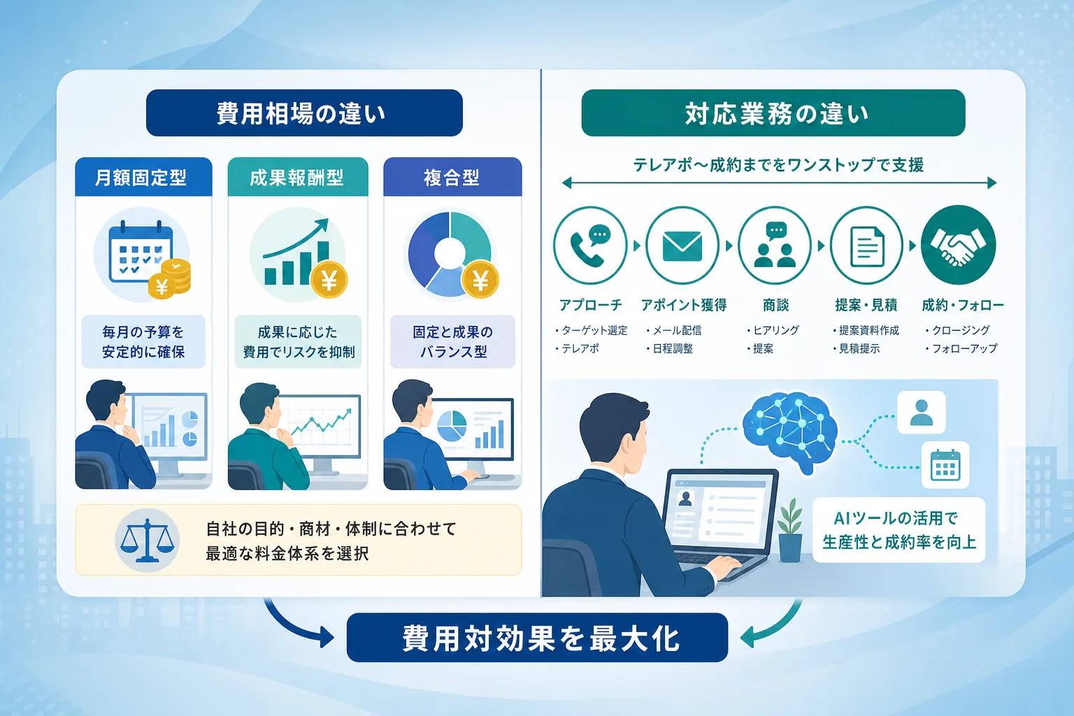 営業代行の料金体系ごとの月額費用相場と対応業務フェーズの違いを整理した比較表の図