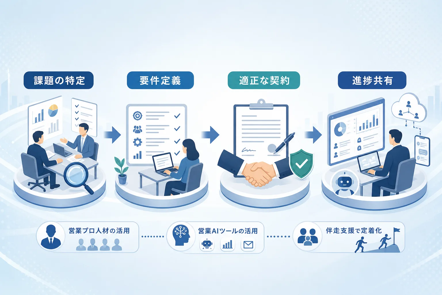 営業代行の導入検討から現場定着までのステップを左から右へ順に示したプロセスマップ
