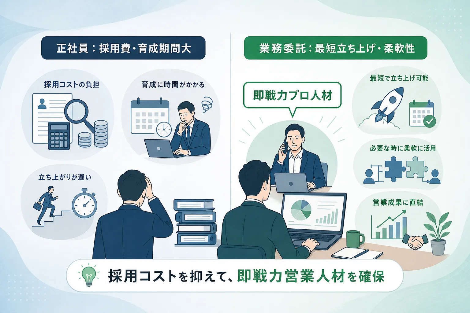 正社員採用と業務委託のコストや立ち上げスピードの違いを左右で比較したインフォグラフィック