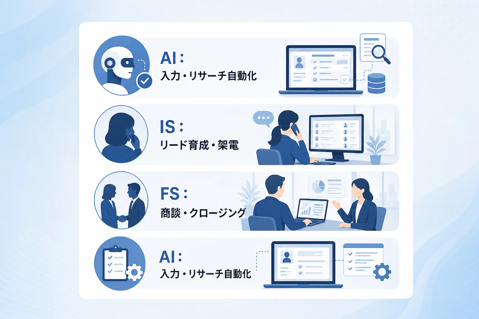 各営業プロセスにAIアイコンと専門人材アイコンが割り振られた役割分担のチェックリスト図面
