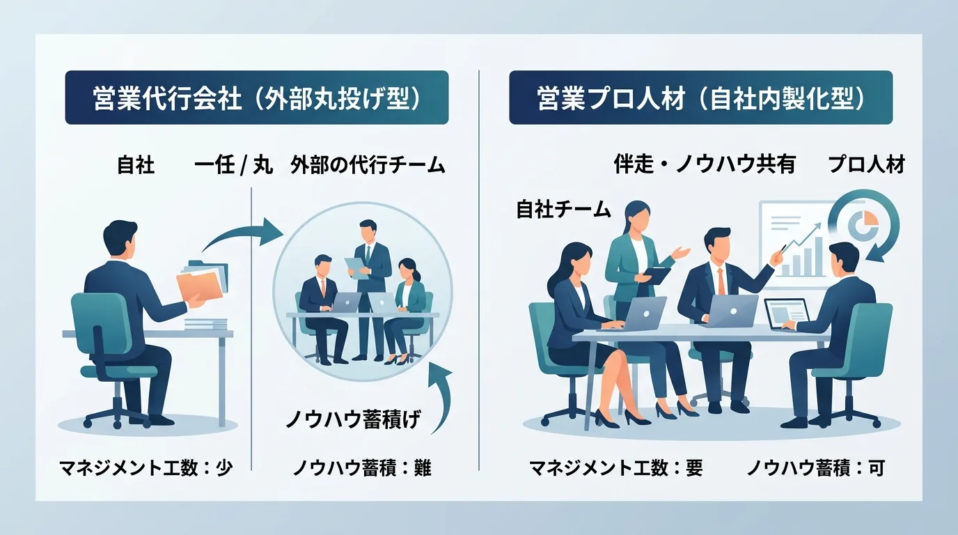 外部委託型の営業代行と自社チームに参画する営業プロ人材の体制差を表す構造イラスト
