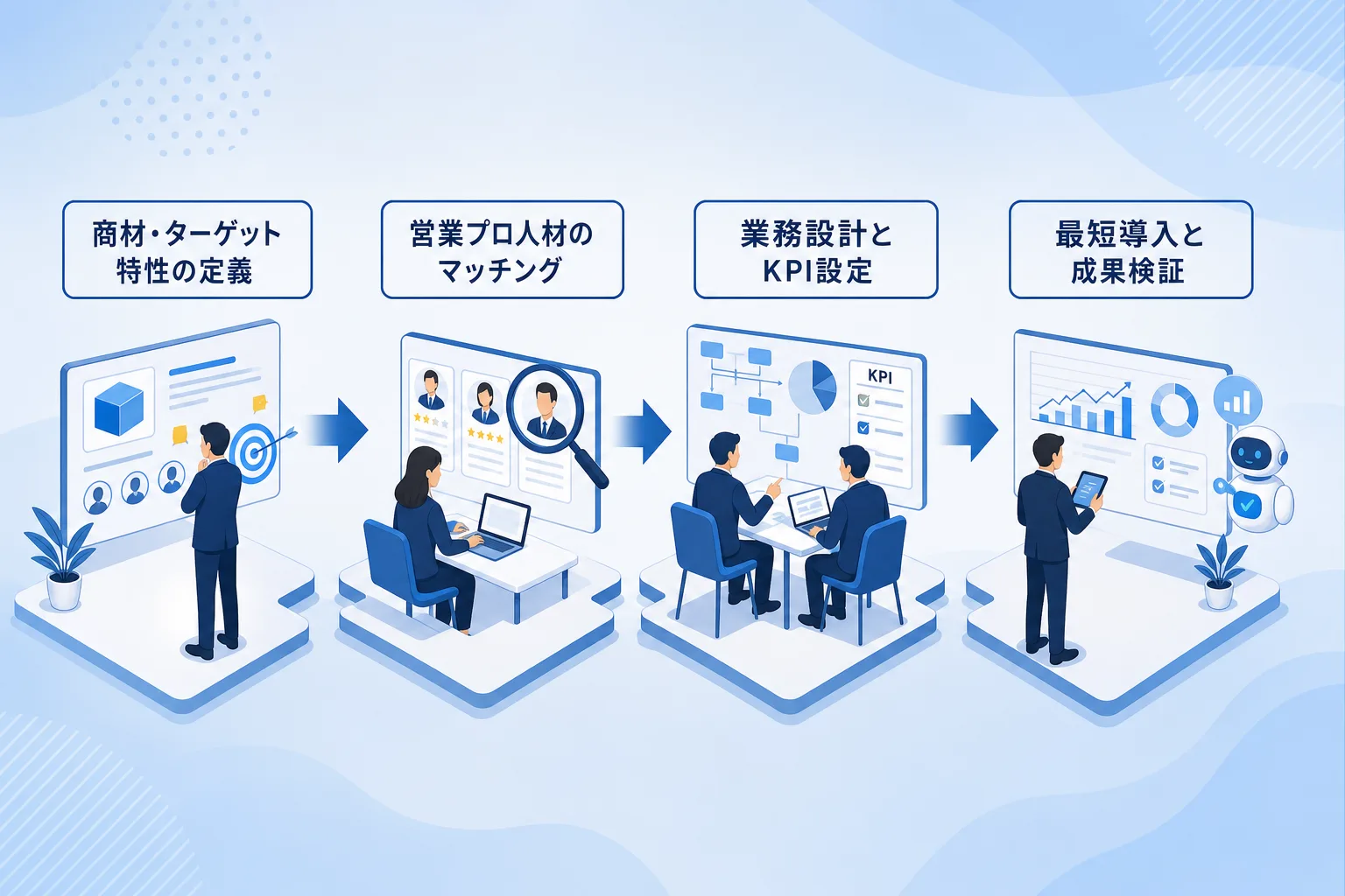 自社の商材特性の明確化からプロ人材参画と成果創出までの流れを示したステップ図