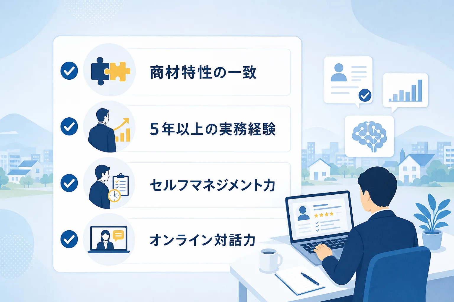 商材適合性や自己管理能力など営業フリーランスを選ぶ必須条件を並べたチェックリスト