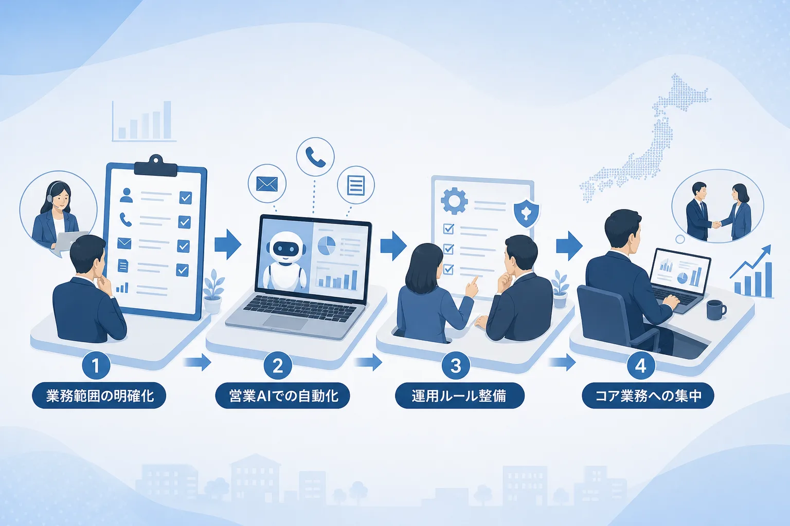 業務切り分けから営業AI導入と定着運用までを矢印でつないだステップ解説図