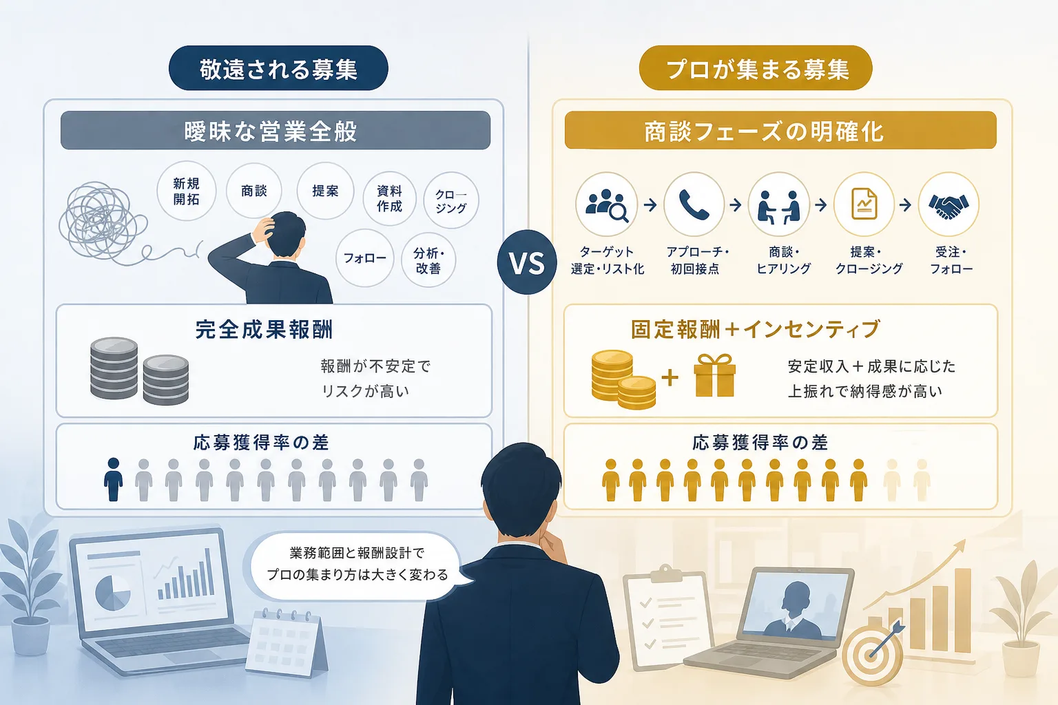 敬遠される曖昧な案件とプロが集まる明確な案件の業務範囲や報酬体系の違いを整理した比較表のイラスト