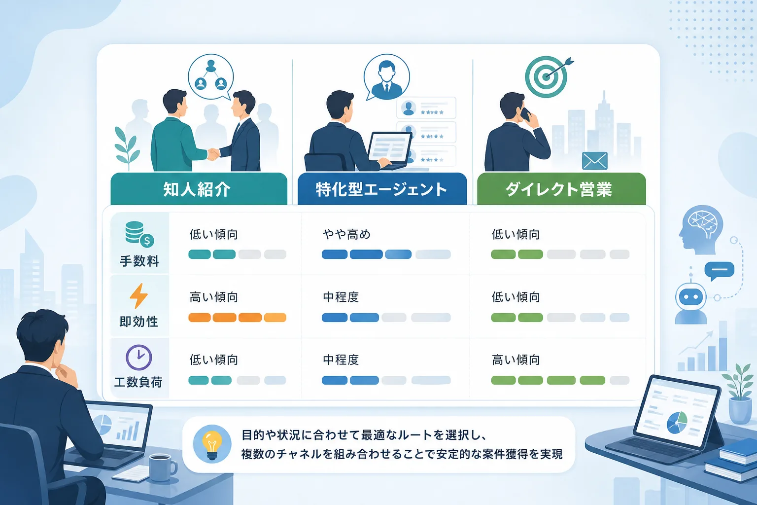 知人紹介、エージェント利用、直接営業のメリットと工数負荷を項目別に整理した比較表のイラスト