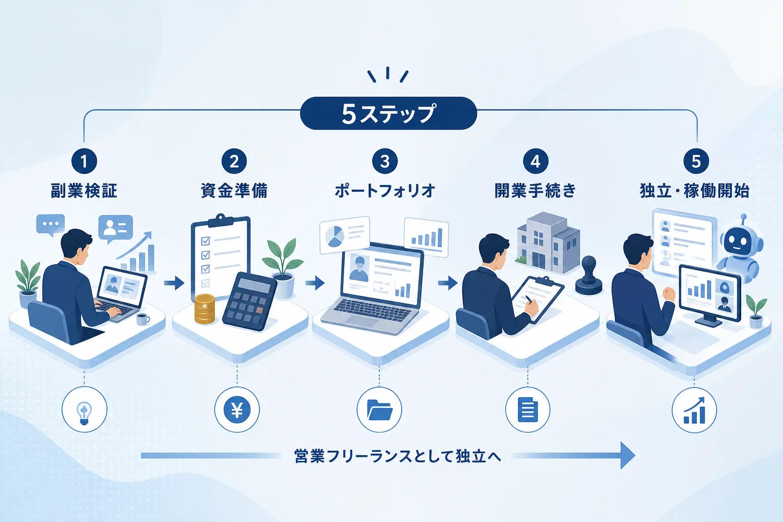 副業スタートから開業届の提出、本格稼働までの5つのステップを左から右へと順序立てて示すフローチャート図解