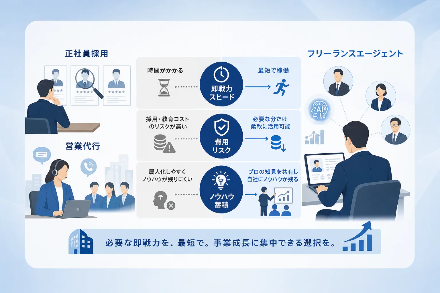 正社員採用・営業代行・営業フリーランスエージェントの特徴やコストを比較した表図解