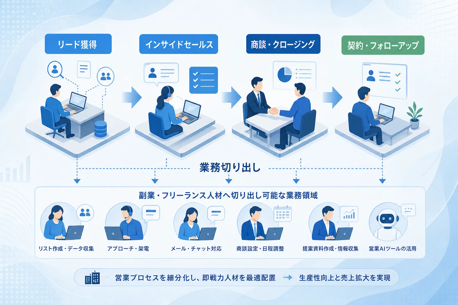 営業活動のパイプライン全体から副業人材に切り出せる特定業務をハイライトしたプロセスの図解