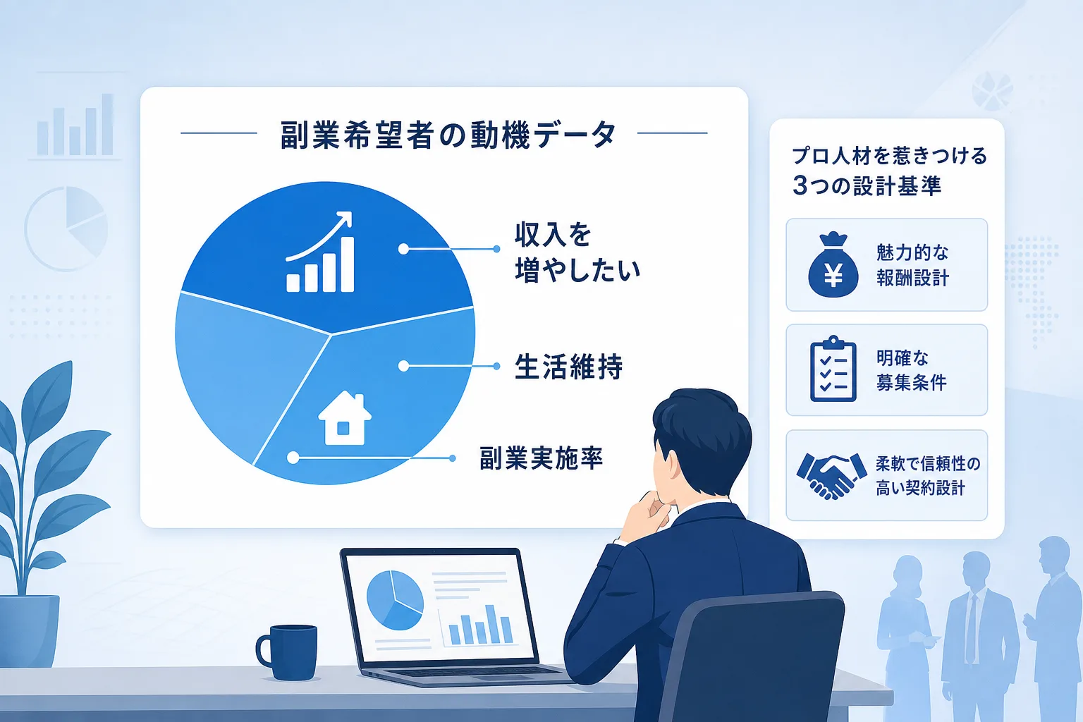 副業を行う理由の割合を示す棒グラフと、案件設計で重視すべきポイントをまとめたインフォグラフィック