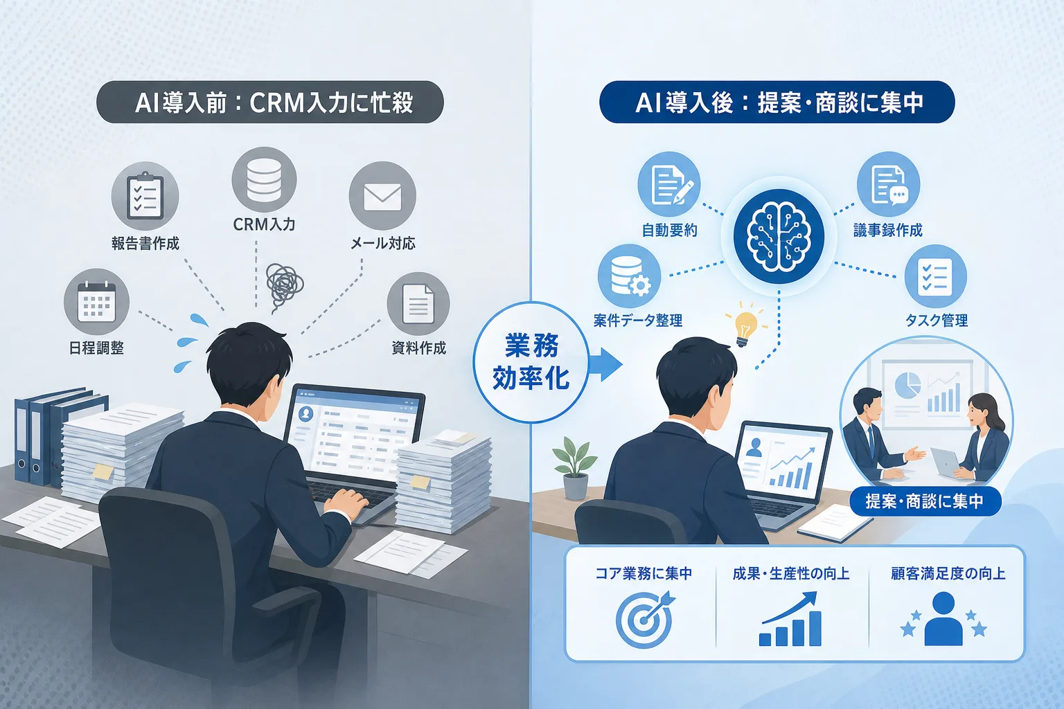 営業AI導入前後の副業人材の業務時間配分と成果の違いを対比した比較テーブル図解