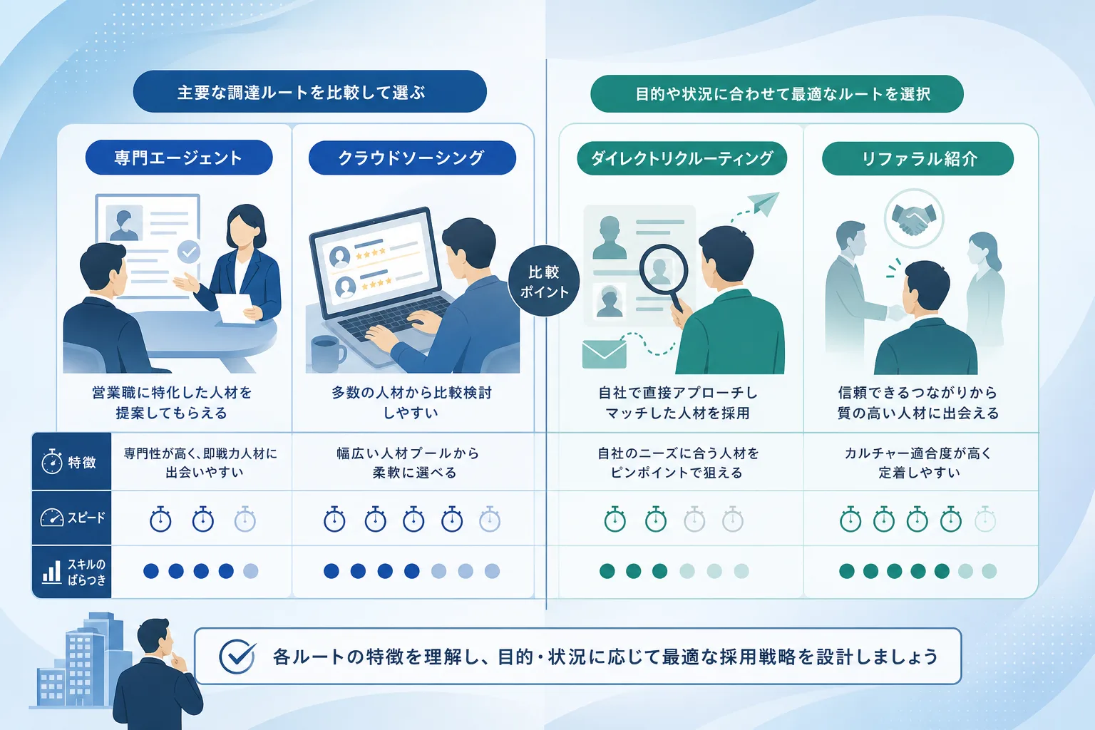 営業フリーランスの4つの調達ルートの特徴や向き不向きをまとめた比較表