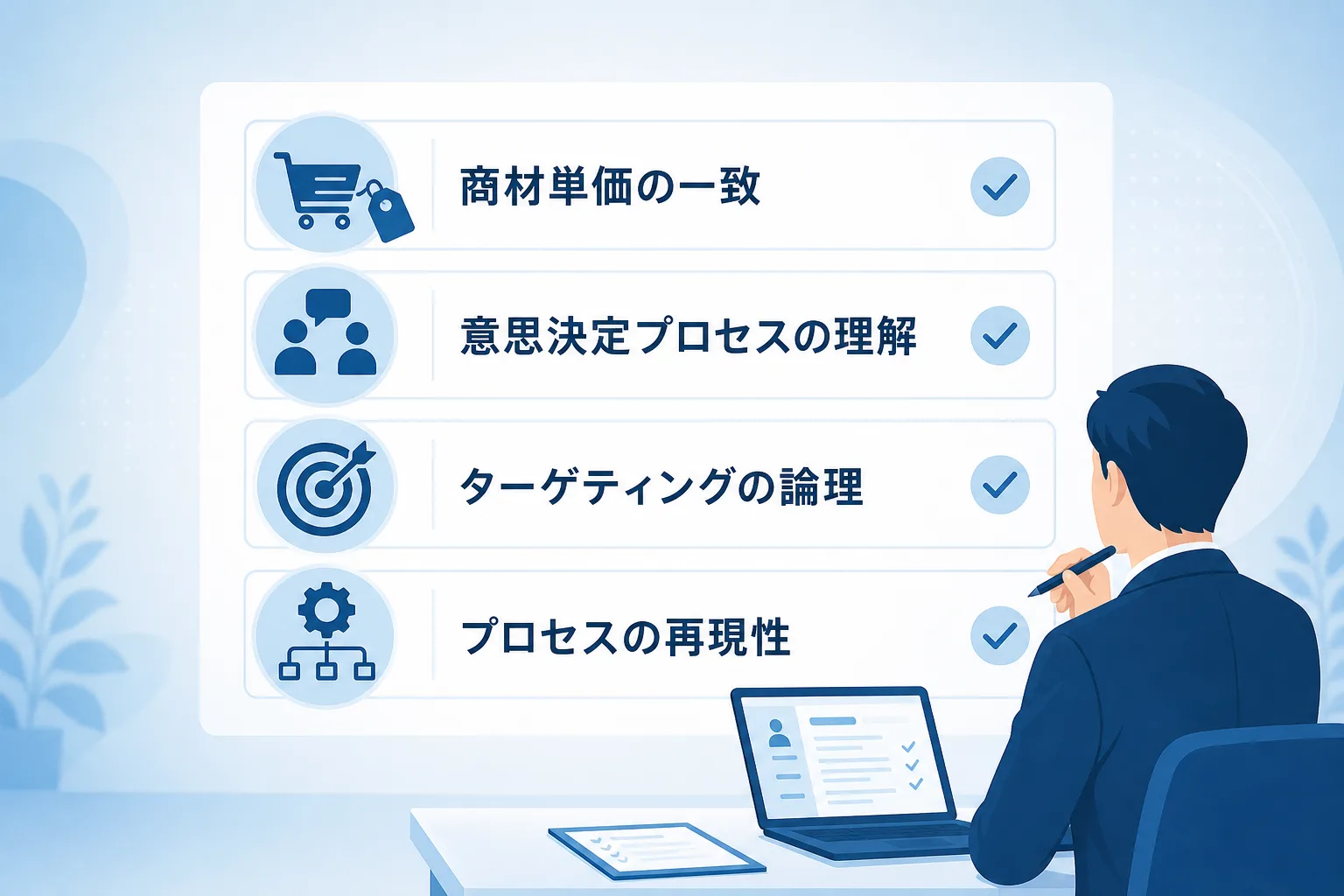 即戦力営業フリーランスを見極めるためのチェックポイントを示したアイコンリスト