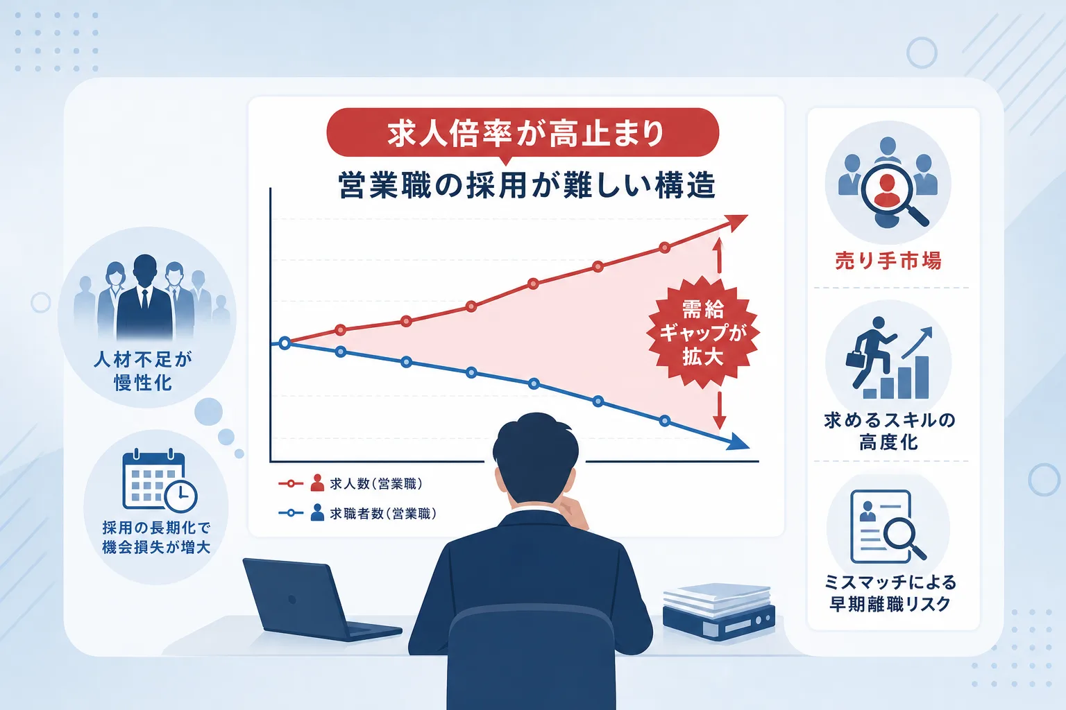 営業職の高い求人倍率と企業の需要超過を示す折れ線グラフと棒グラフの図解