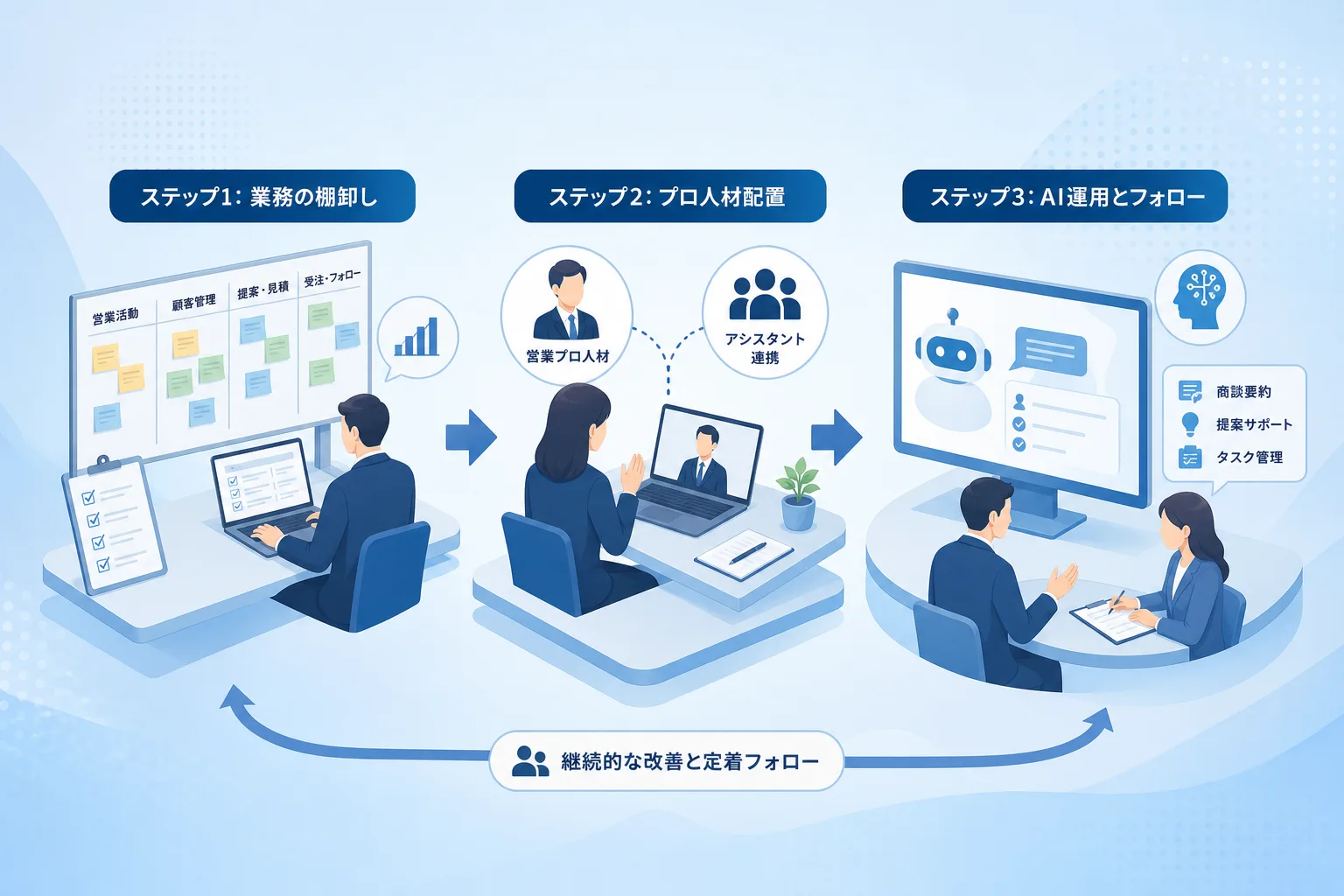 営業課題の棚卸しから外部人材の登用とAI導入を連動させる流れを示したステップ図