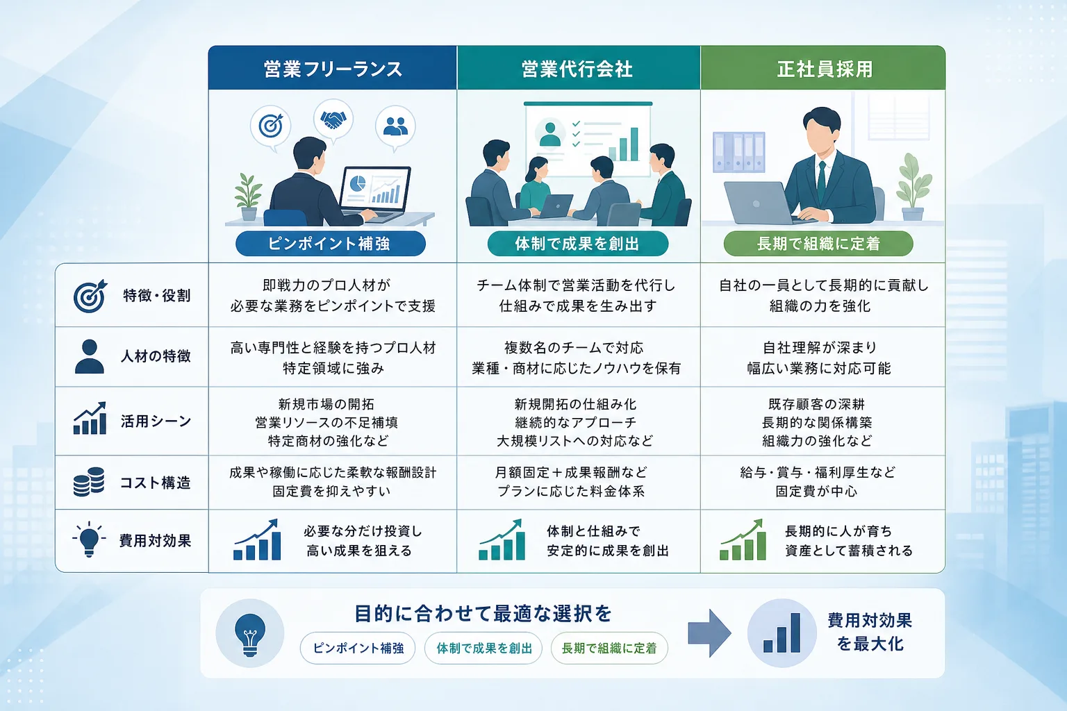 営業フリーランス・営業代行・正社員の違いを契約形態やコスト面から比較した図表