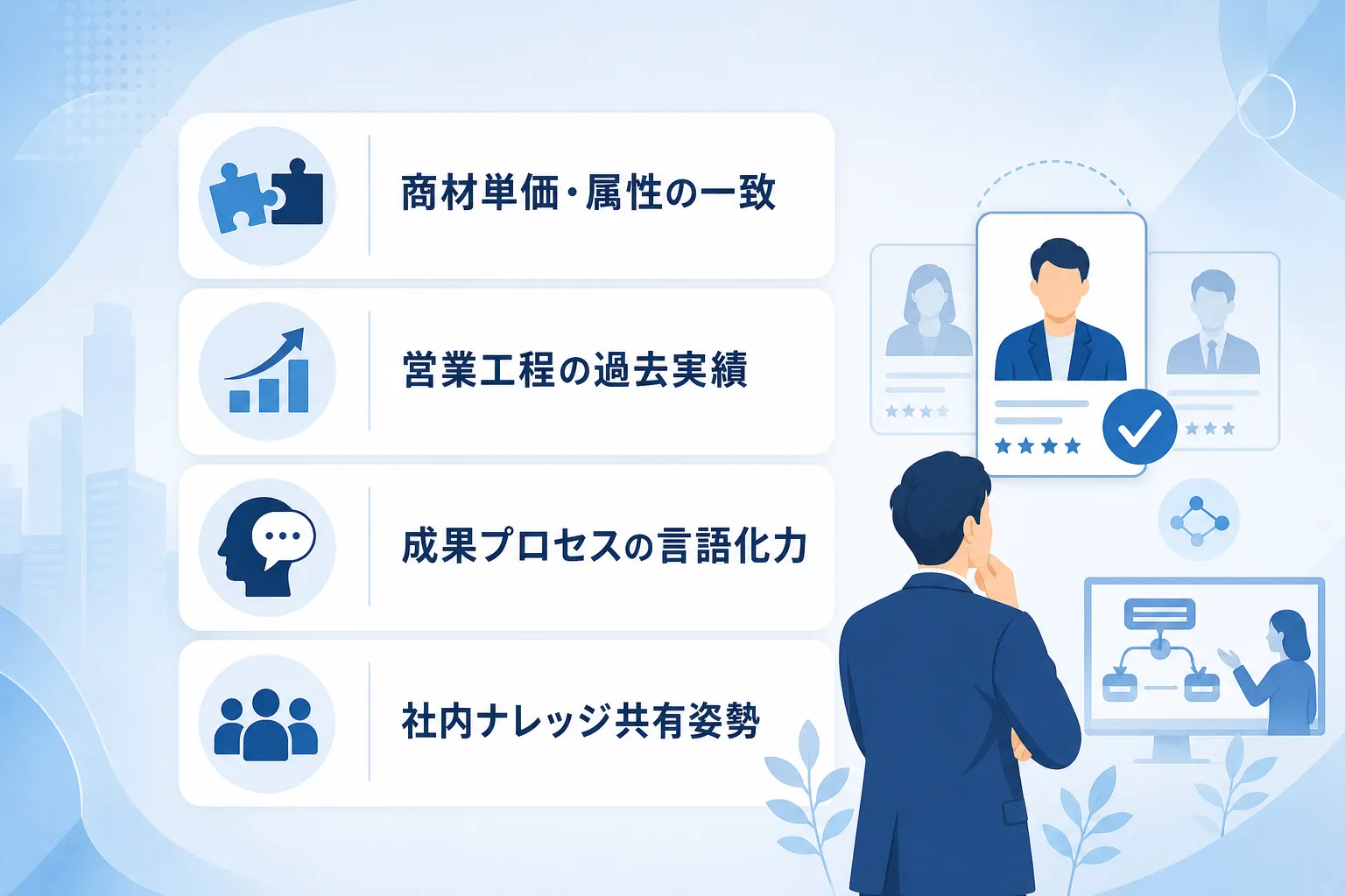 営業フリーランスを選定する際の確認基準を4つのアイコンで整理したチェックリスト