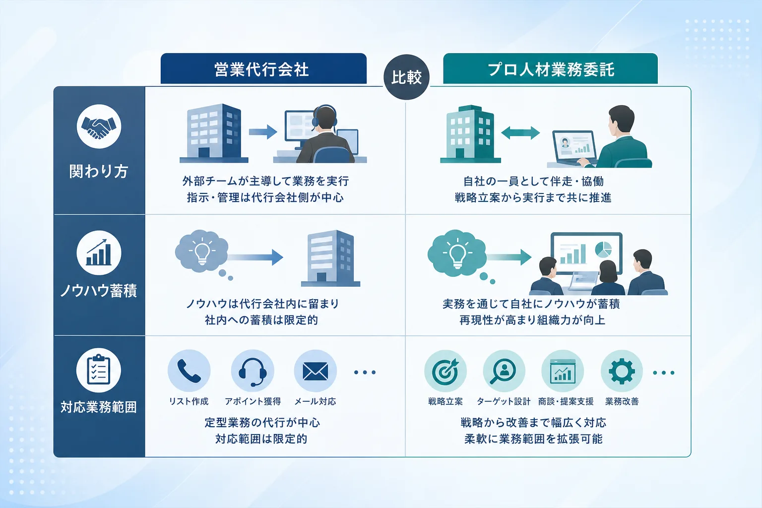 外部委託する営業代行と自社組織に参画するプロ人材業務委託の違いをまとめた比較表