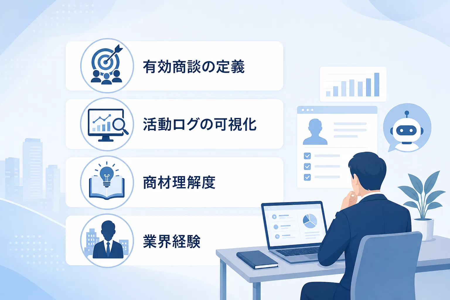 有効商談の定義やCRM活動ログの共有など外注先選定基準をチェックリスト形式で並べたイラスト