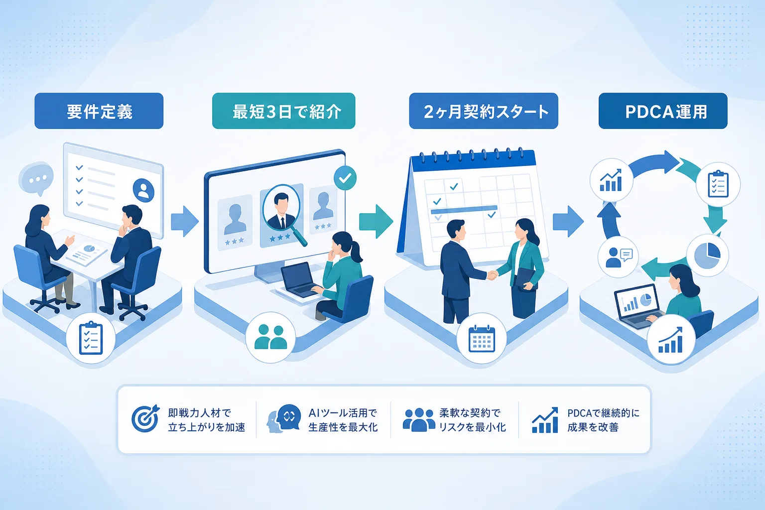 要件の整理からプロ人材の紹介を経て2ヶ月間の運用開始に至るステップを描いたプロセス図解