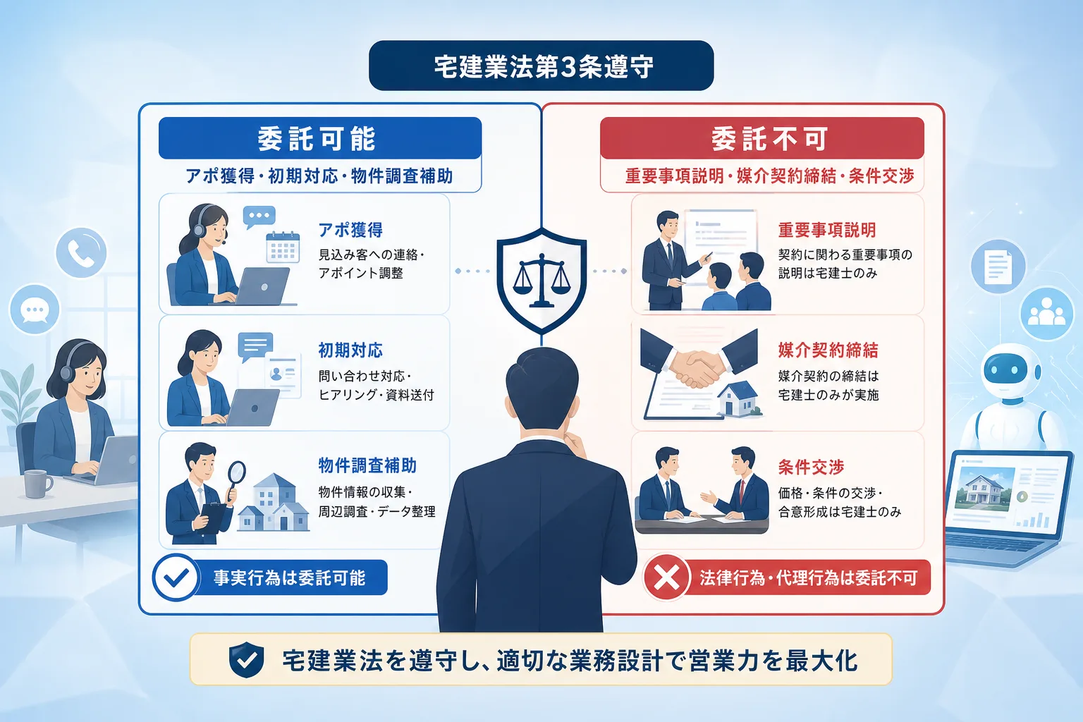 不動産仲介で外部委託できる事実行為と委託できない法律行為を左右で比較した分かりやすい対比表