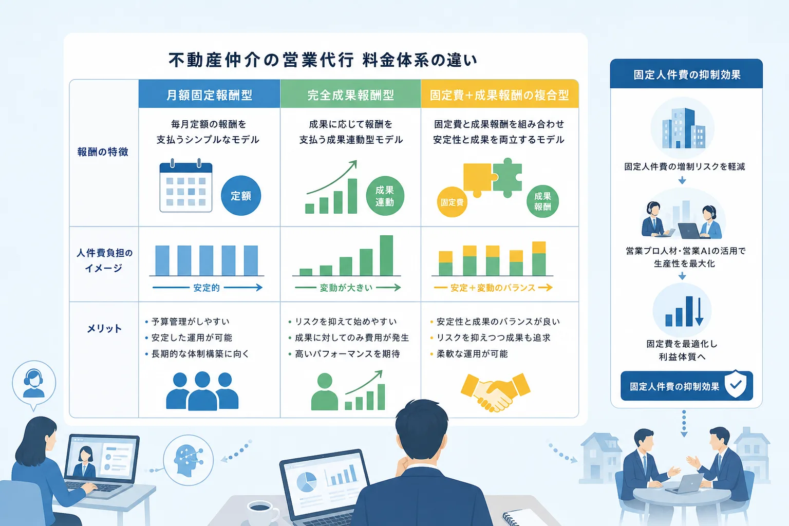 不動産営業代行の3つの料金体系の特徴とそれぞれの費用発生イメージを示した比較図表