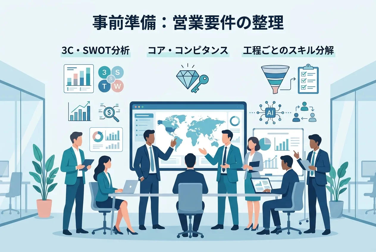 自社の強みと市場ターゲットを分析フレームワークに当てはめて要素分解している図解イラスト