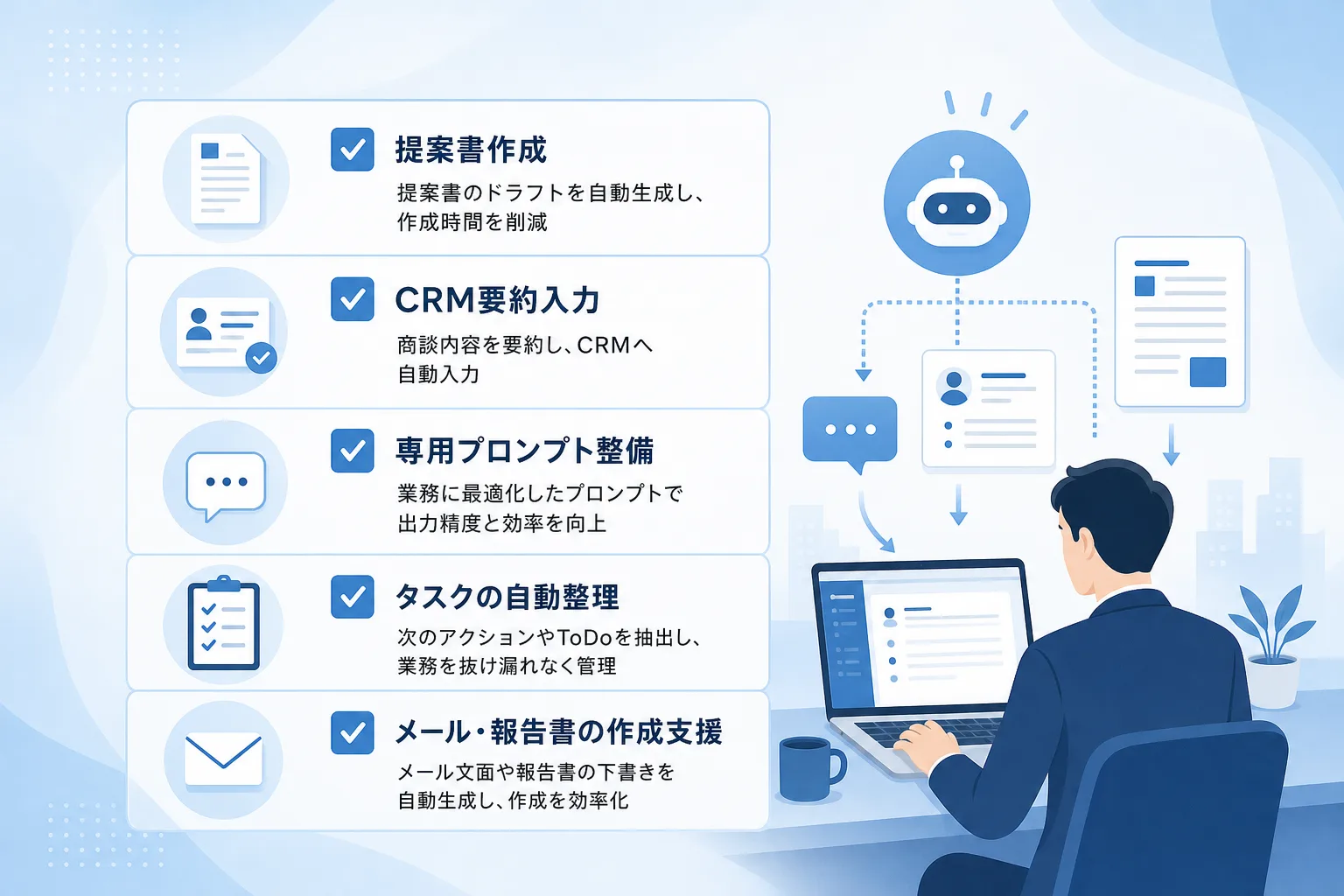 AIアイコンの横に提案書作成やCRM入力短縮などのチェック項目が並んだ図解イラスト