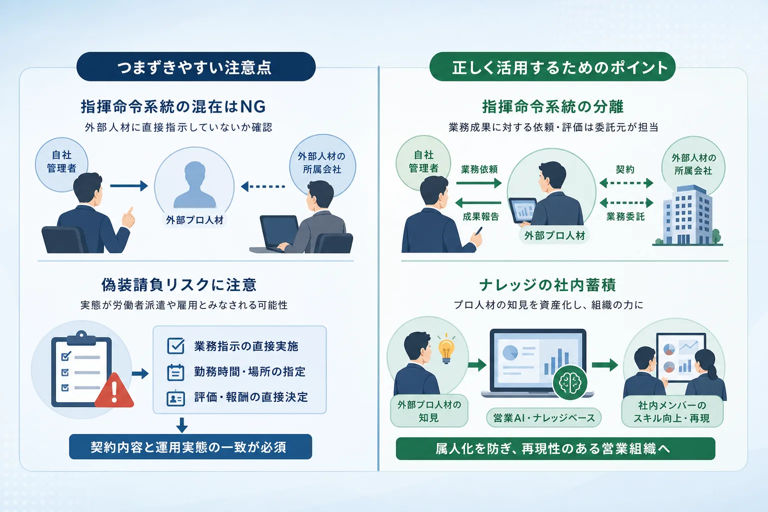 適切な業務委託管理と不適切な直接指示のリスクを比較した対比表のイラスト
