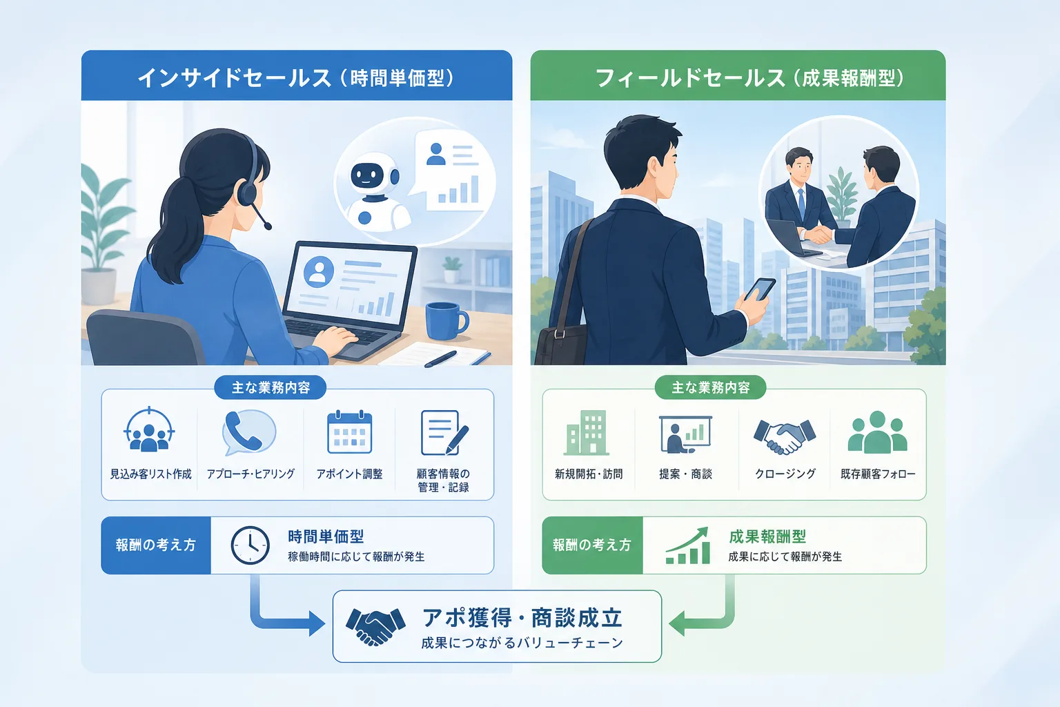 インサイドセールスとフィールドセールスの報酬体系と業務範囲を比較した表の図解