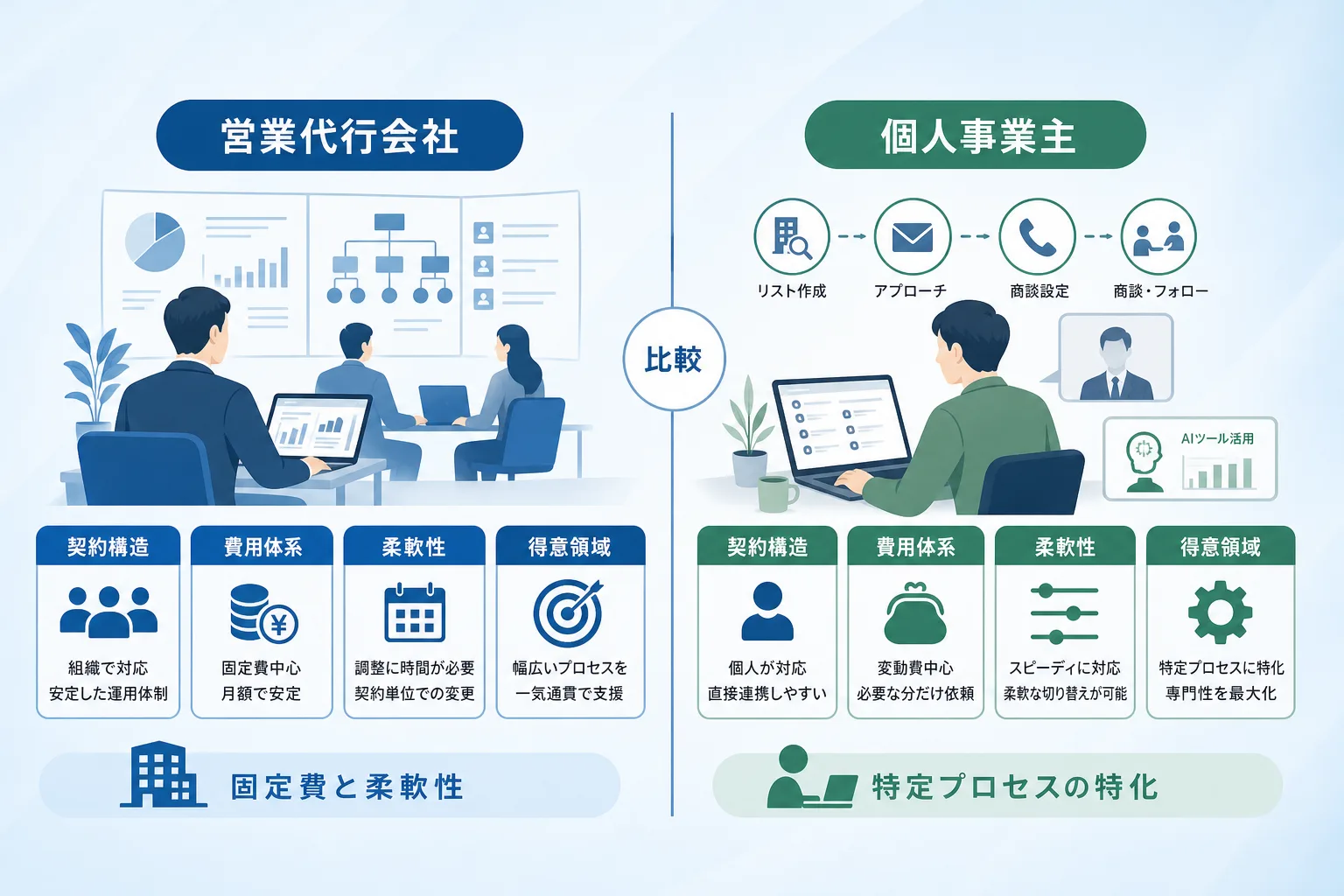 営業代行会社と個人の営業フリーランスの費用や対応範囲を比較した図解表