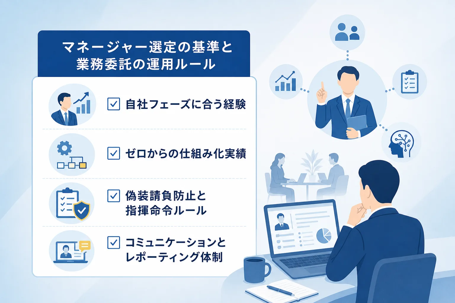外部営業マネージャーの選定基準と業務委託契約時の注意点をまとめたチェックリストのイラスト