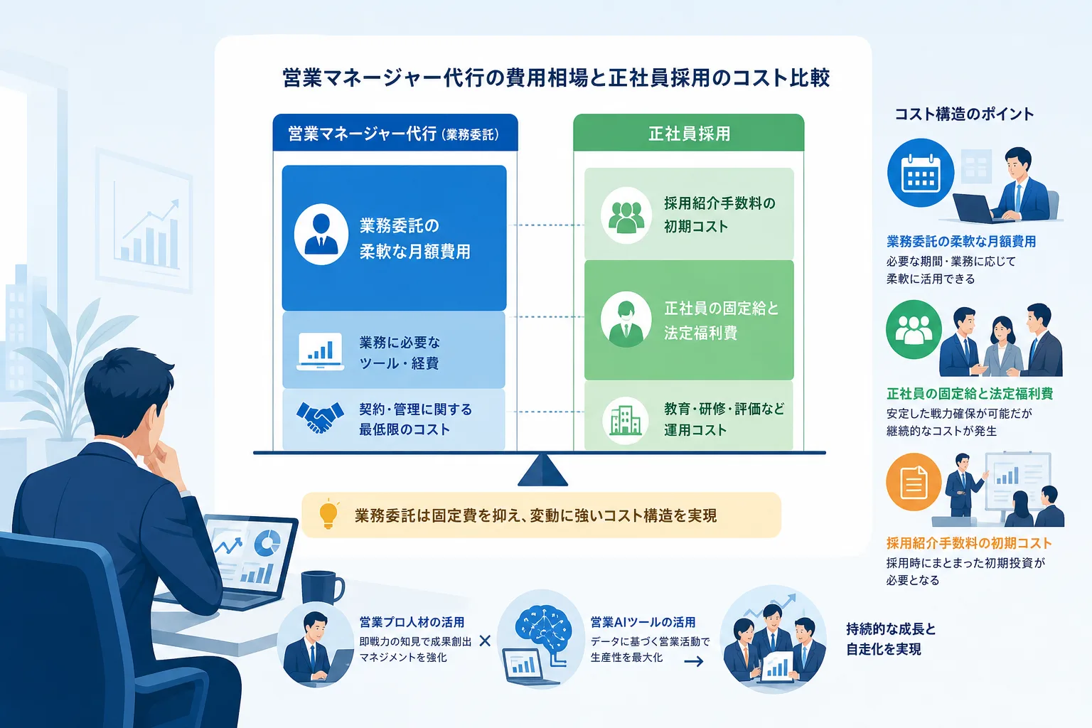 営業マネージャー代行の委託費用と正社員採用時の総コスト内訳を比較したデータチャートイラスト
