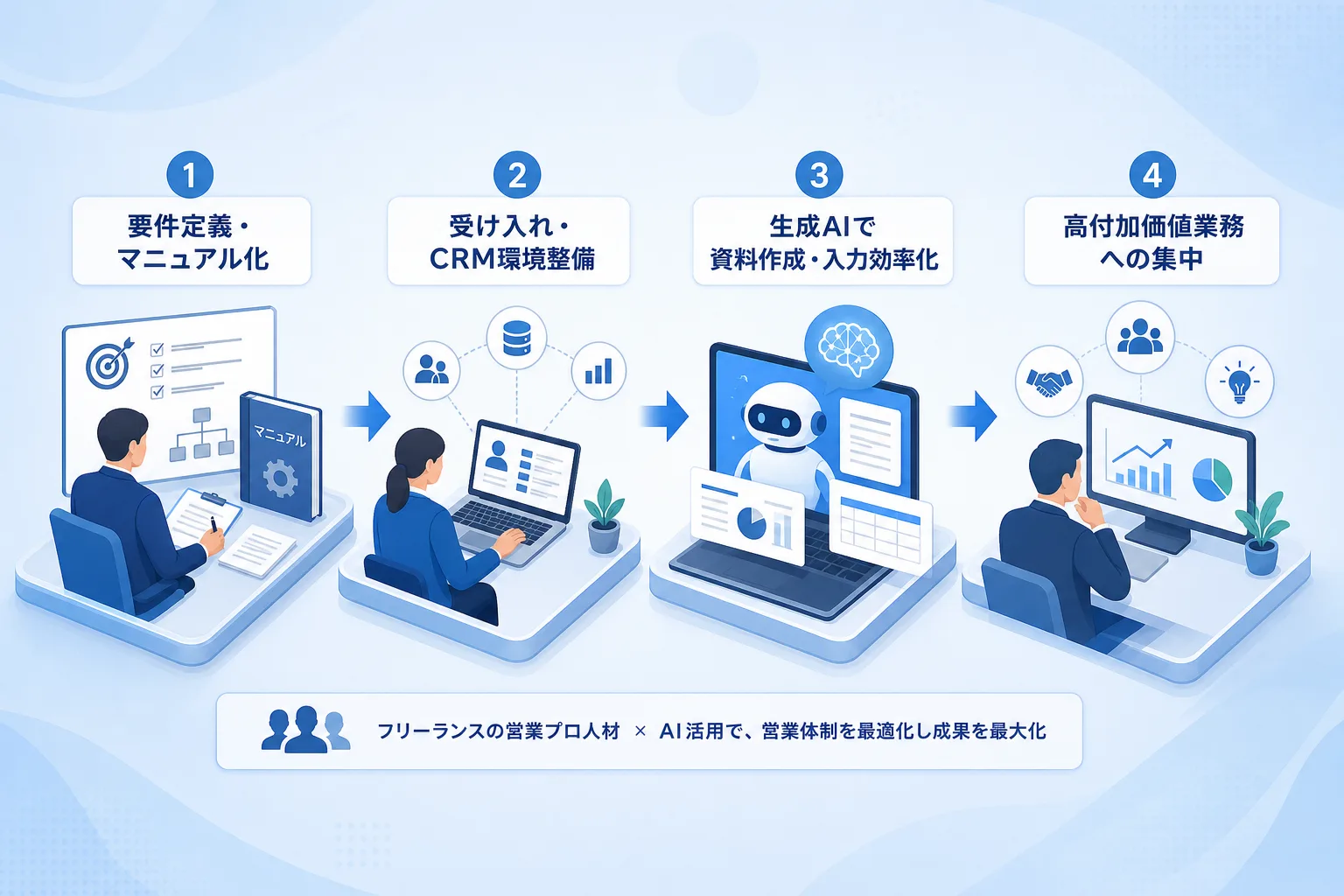 業務委託営業の体制構築ステップと生成AIを活用した業務効率化の流れを示す図