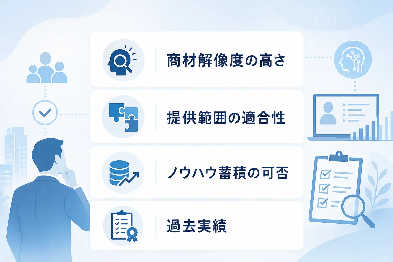 営業代行会社を選定する際の必須チェックポイントがアイコンと簡潔なテキストで並んだリスト図