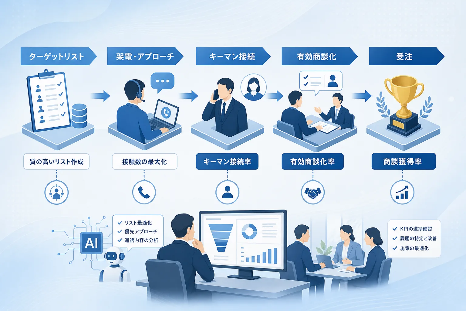リード獲得からキーマン接続、商談化、受注へと段階的に進むKPIファネルと連携ステップのフロー図