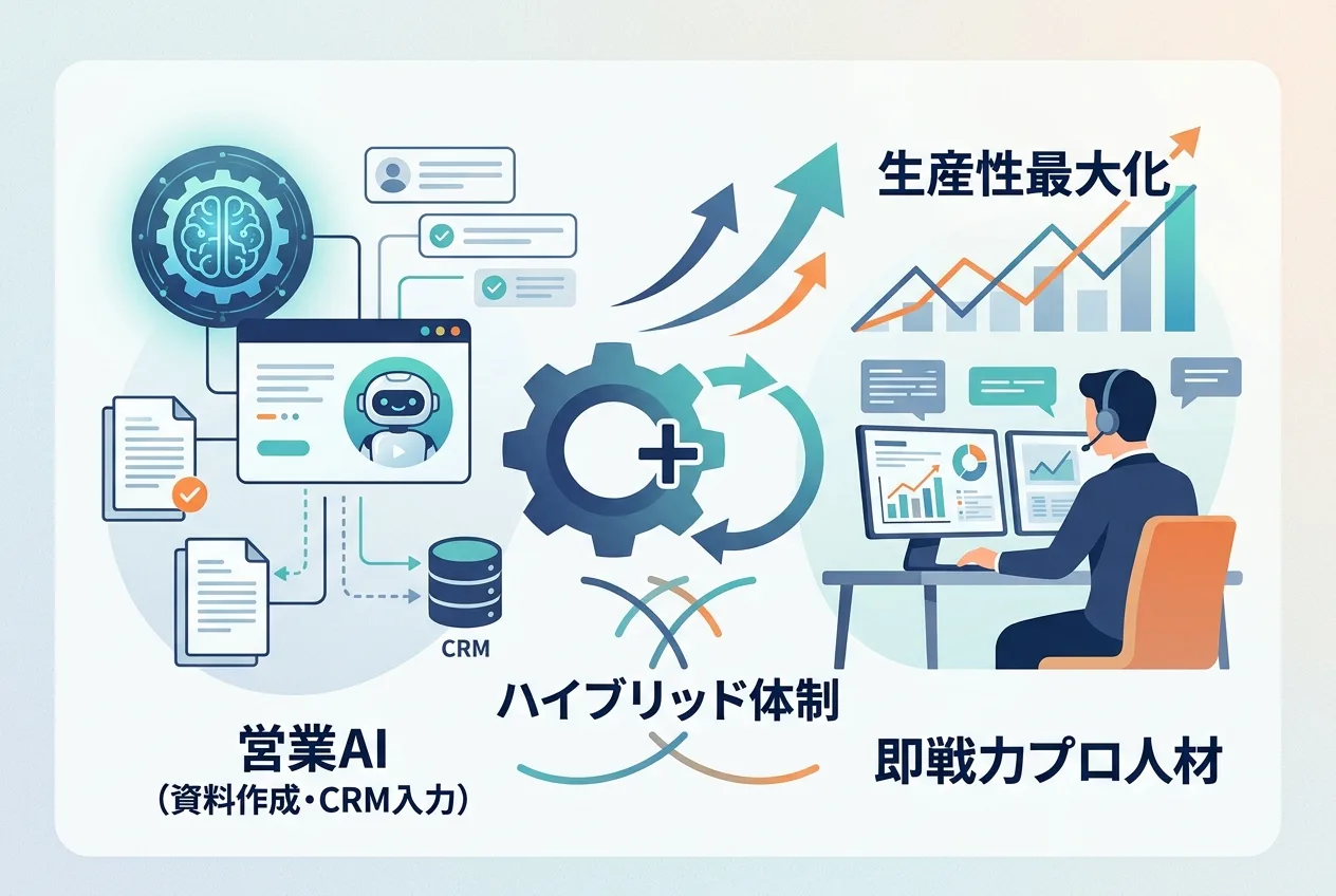 AIツールによる定型作業の自動化とプロ営業人材による顧客対応が融合したハイブリッド体制の概念図