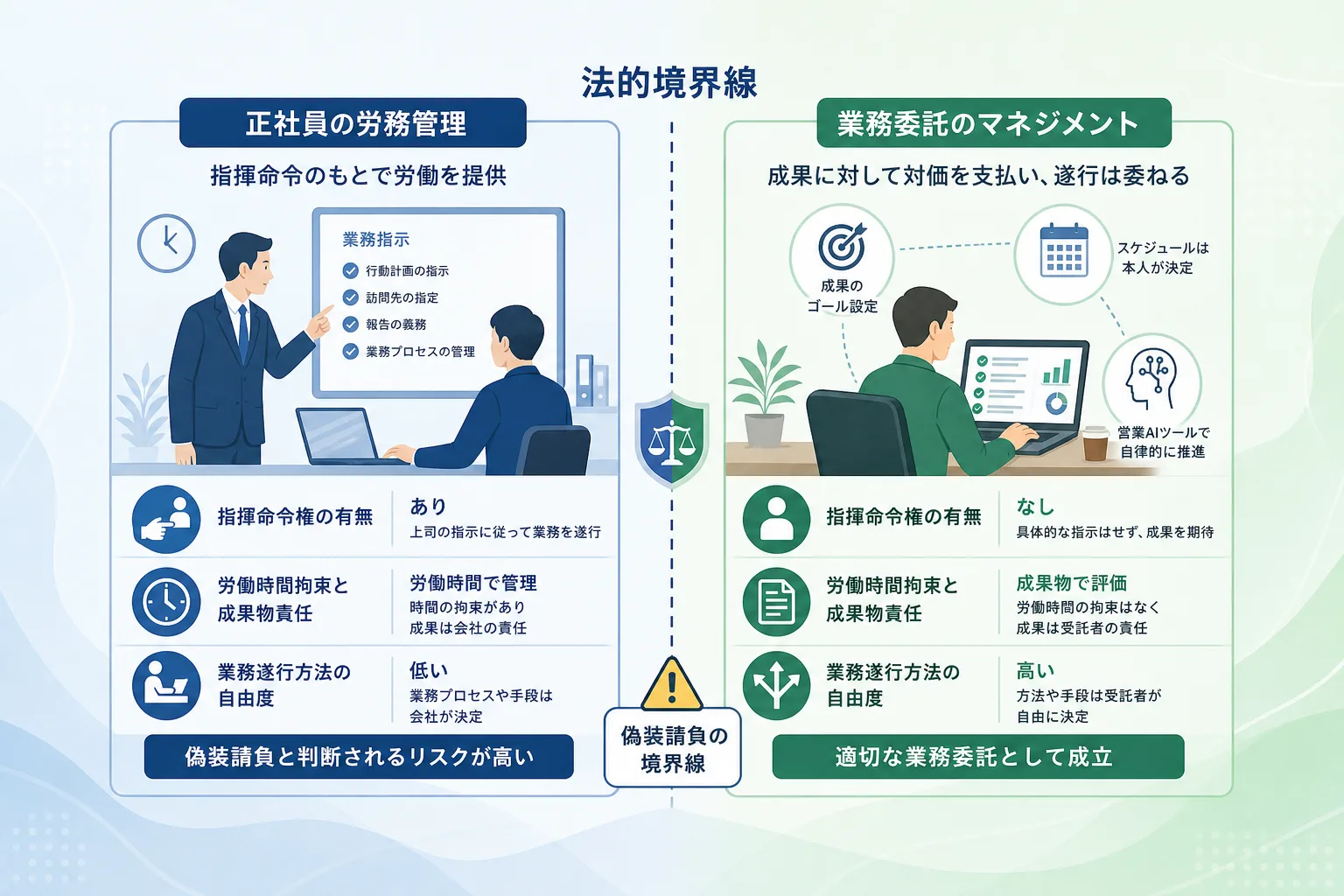 正社員の雇用管理と業務委託契約における指揮命令権や拘束力の違いを整理した比較図