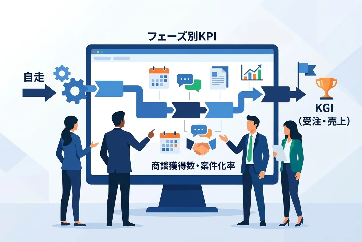 新規開拓から商談化までの営業プロセスと各フェーズで追うべき目標数値の構造を示す概念図