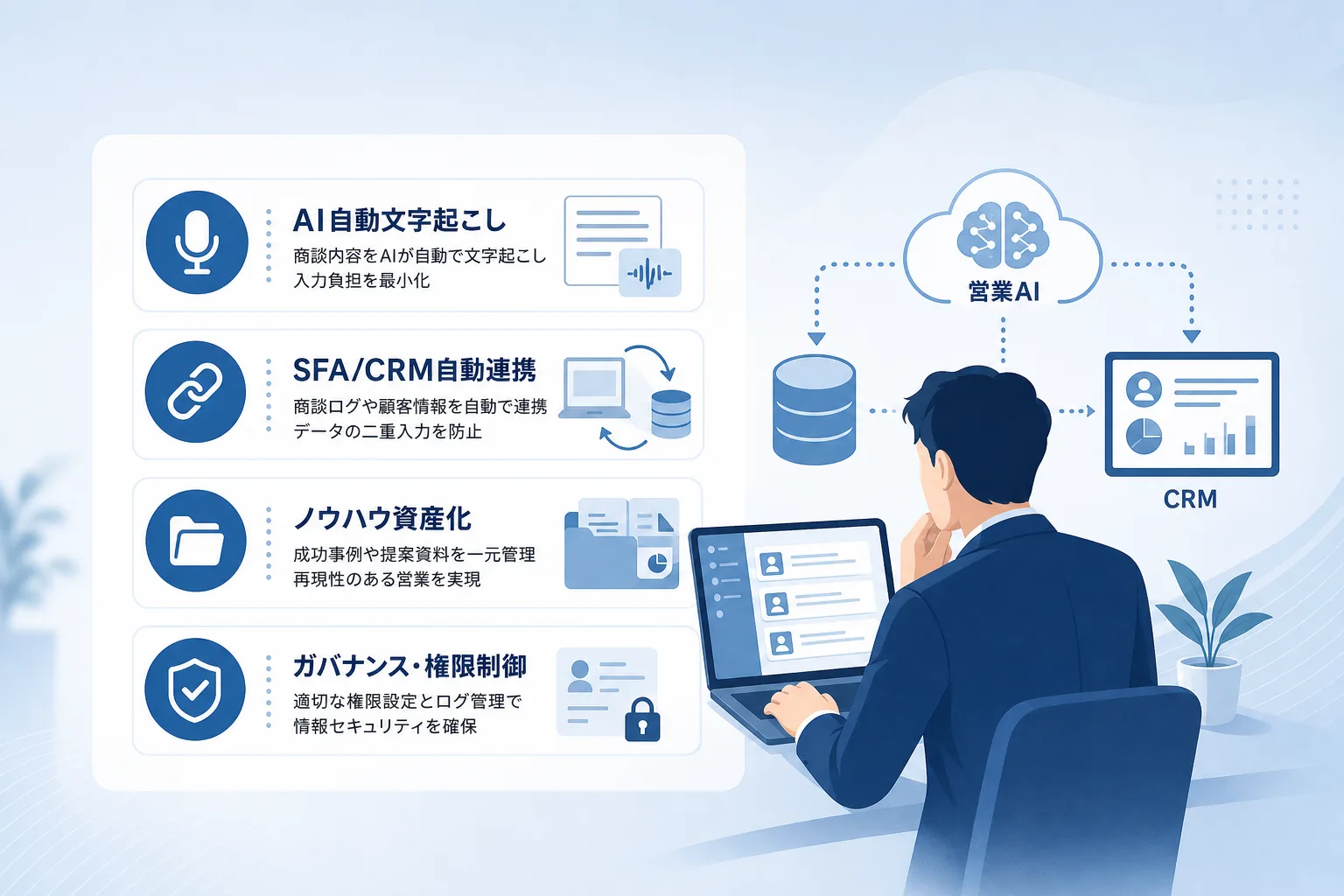 営業活動の属人化を防ぐために必要なAI文字起こしやCRM連携の要素を並べたチェックリスト画像
