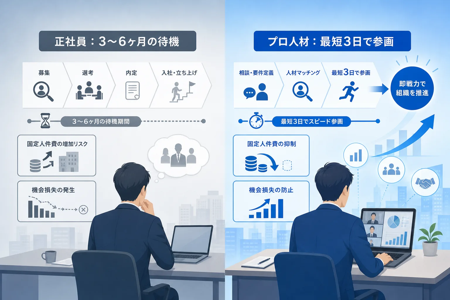 正社員採用とプロ人材紹介の導入期間や費用リスクを左右で比較したインフォグラフィック