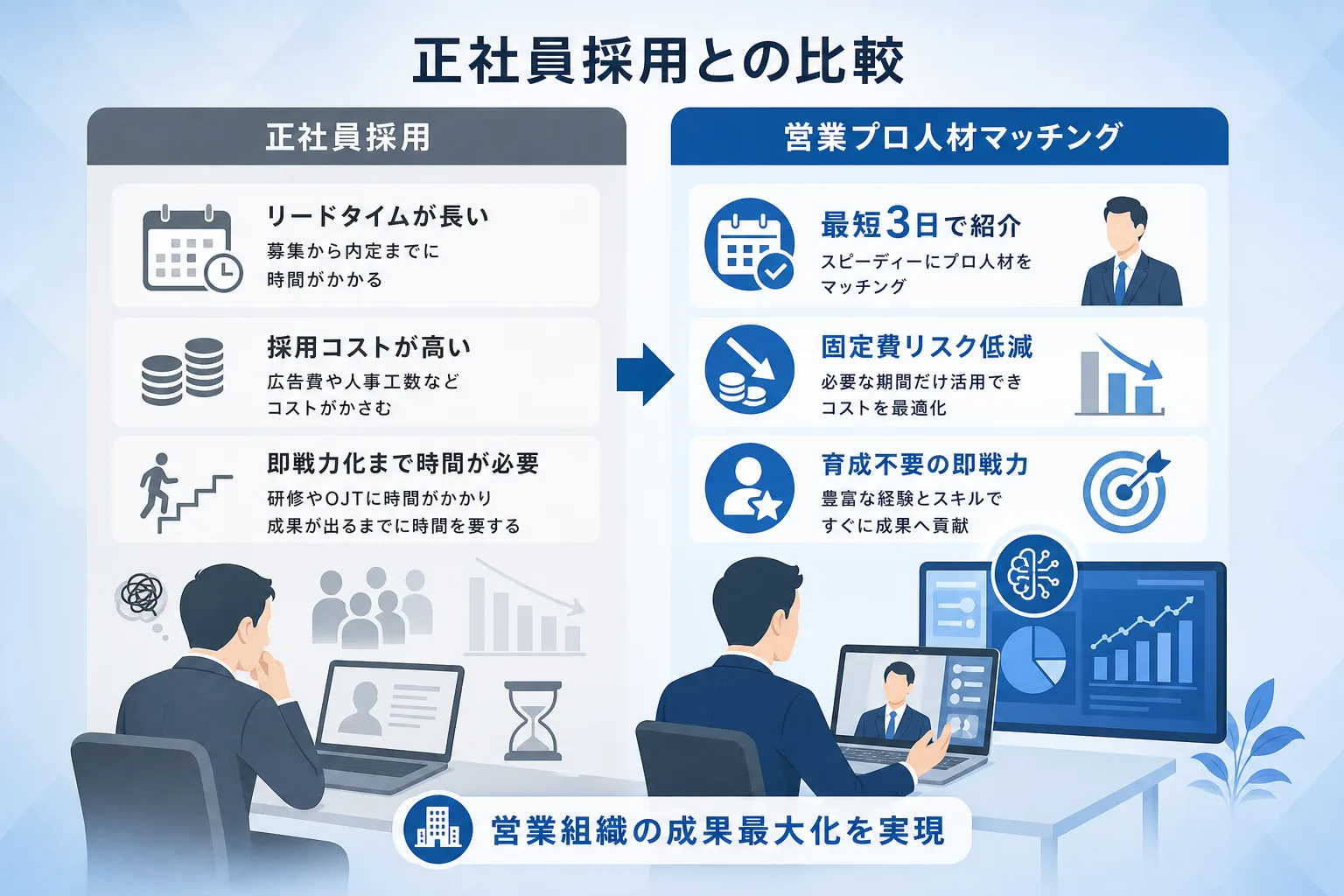正社員採用と営業プロ人材マッチングの導入期間や費用対効果を対比した比較表の図解