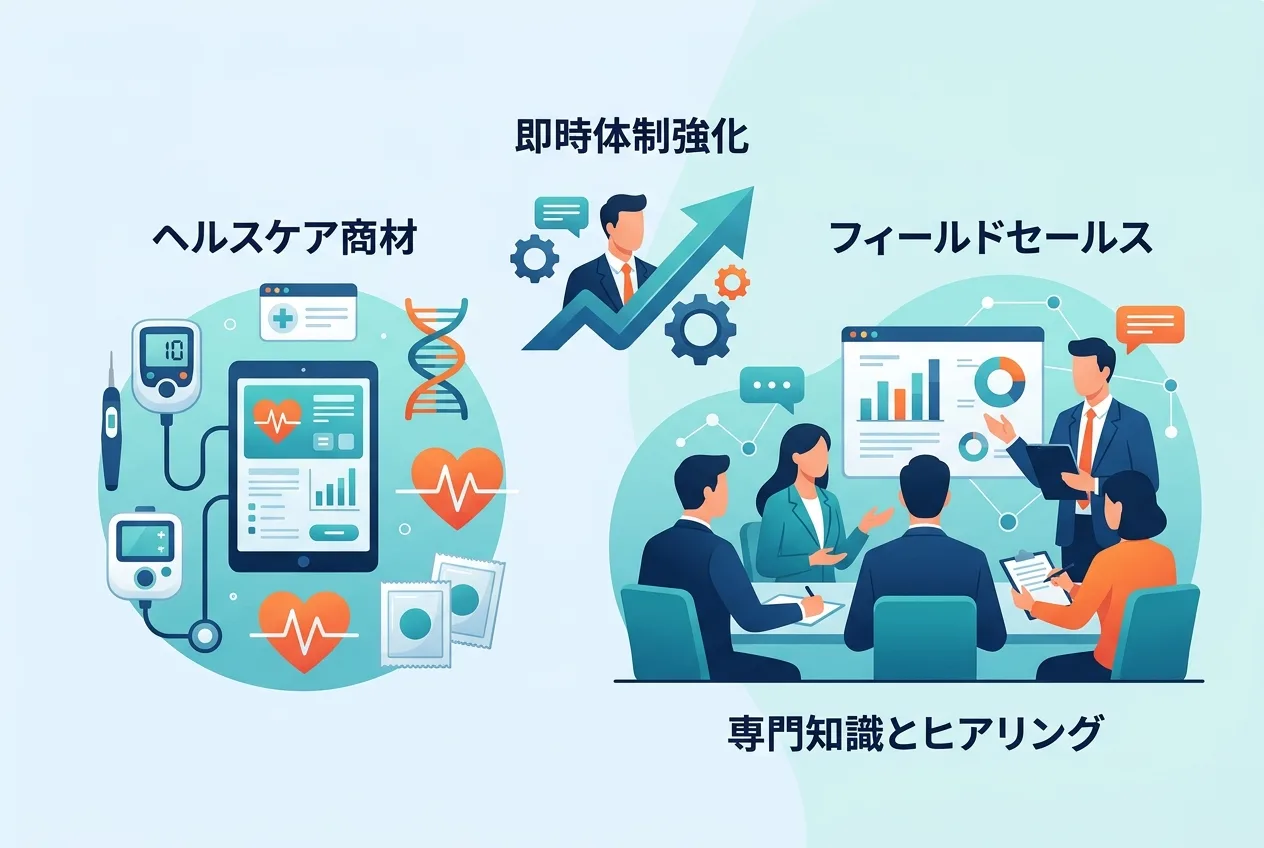 ヘルスケア領域の複雑な商談に専門知識を持つ営業プロ人材が参画して成果を出す様子のイラスト