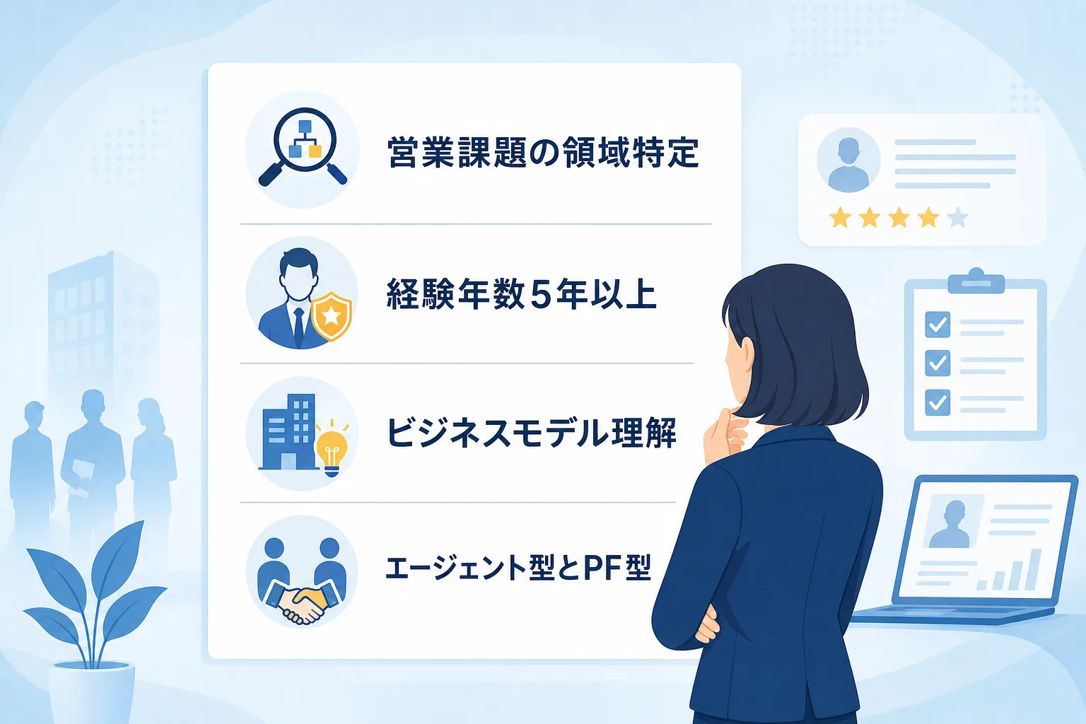 営業課題の明確化や経験年数など自社に合うプロ人材を見極める基準を示したチェックリスト図