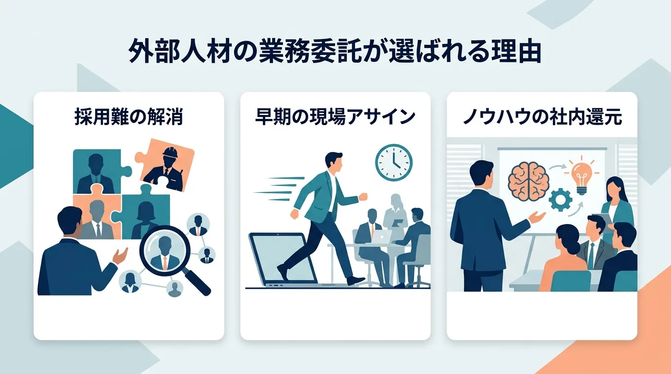 正社員採用の長期化と比較してスピーディに即戦力プロが合流する様子を示すイラスト