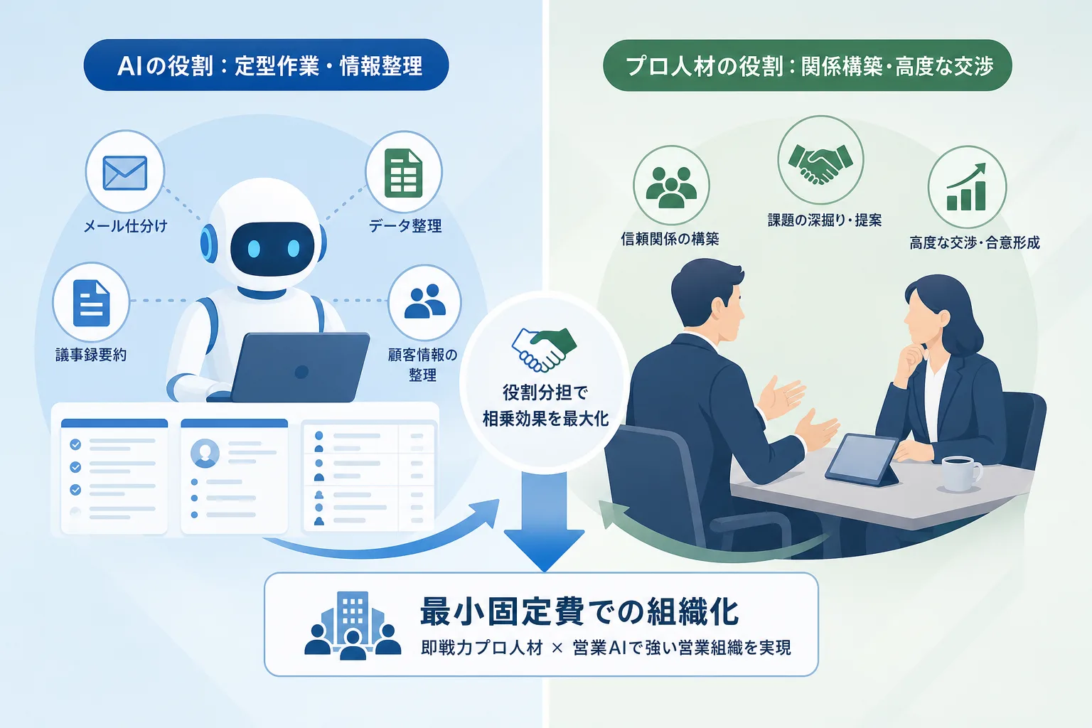 AIの得意領域である情報整理とプロ人材が得意な対面交渉の役割分担を整理した比較表