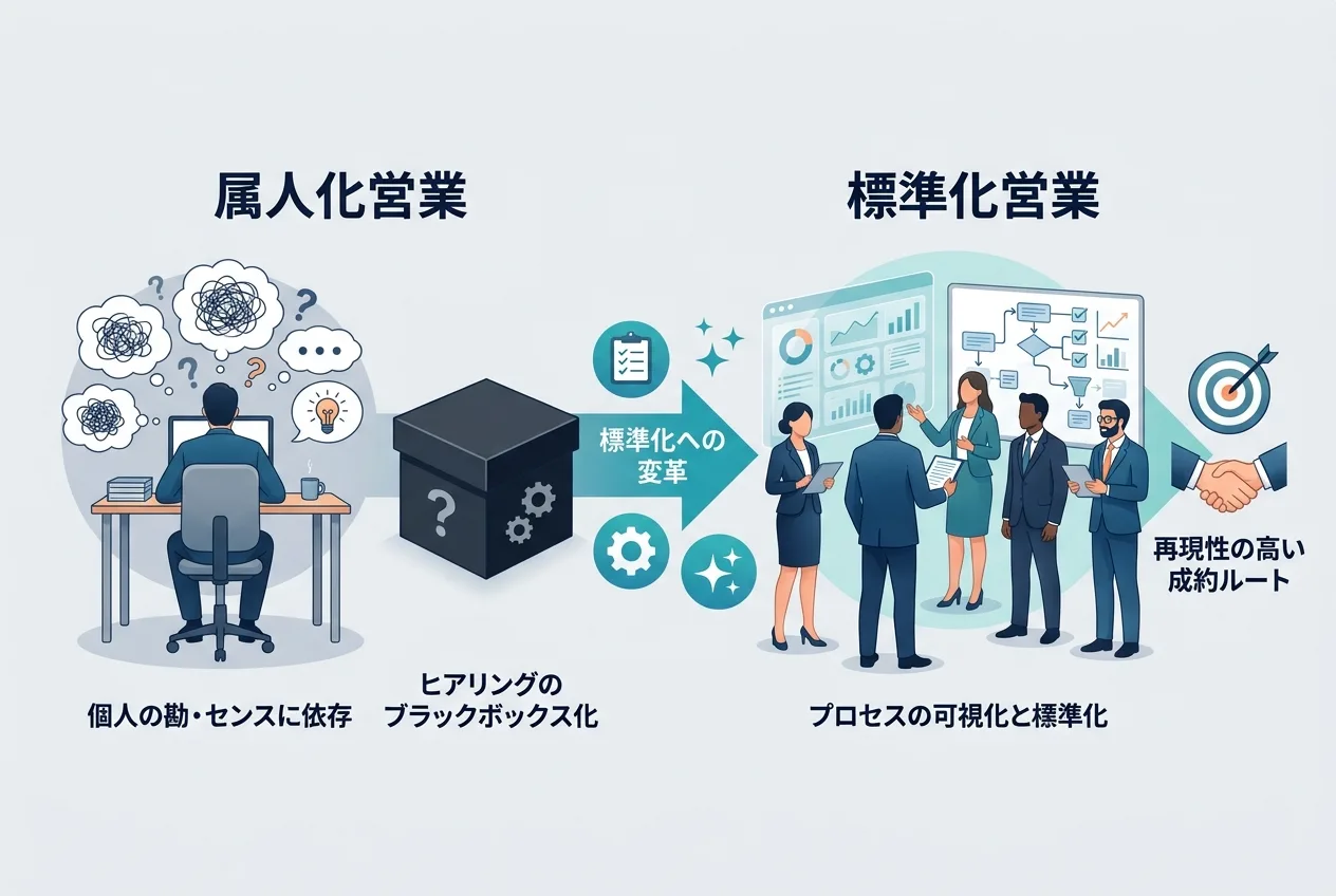 営業担当者の頭の中にある見えないノウハウを分解し、ステップごとの標準フローへと整頓していく概念イラスト